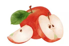 Sliced red apple with green leaf